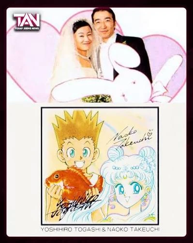 Naoko Takeuchi and Yoshihiro Togashi in wedding clothes in front of a pink heart, above a shared drawing of Gon holding a red fish beside Sailor Moon, signed by both