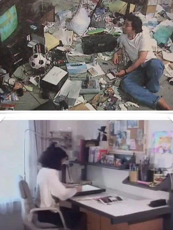 Two photos stacked. Top: a man in glasses sits on a floor buried in papers, game boxes, a football and a television. Bottom: a woman in white works at a clean drafting desk with neat shelves of pens and books