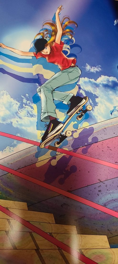 Usagi on a skateboard mid-trick above a ramp, drawn by Naoko Takeuchi for the Tokyo 2020 Olympic programme