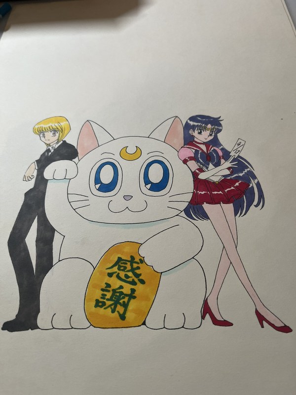 a recent drawing by Yoshihiro Togashi: Sailor Mars and Kurapika beside Artemis as a maneki-neko holding a kanji plaque reading &ldquo;gratitude&rdquo;