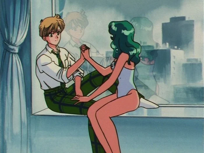 Michiru seated on a windowsill holding Haruka&rsquo;s hands, the misted city and both of their reflections in the glass behind them