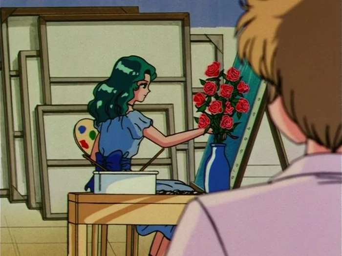 Michiru at an easel painting a vase of red roses from life, watched from behind by someone out of focus in the foreground