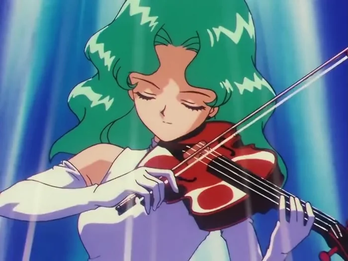 Sailor Neptune playing her violin with her eyes closed, lit from behind