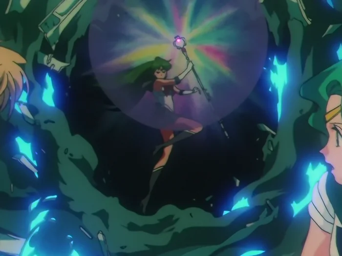 Sailor Pluto inside a sphere of light with the Garnet Rod raised, suspended in a churning dark green and blue void, Uranus and Neptune at the edges of the frame