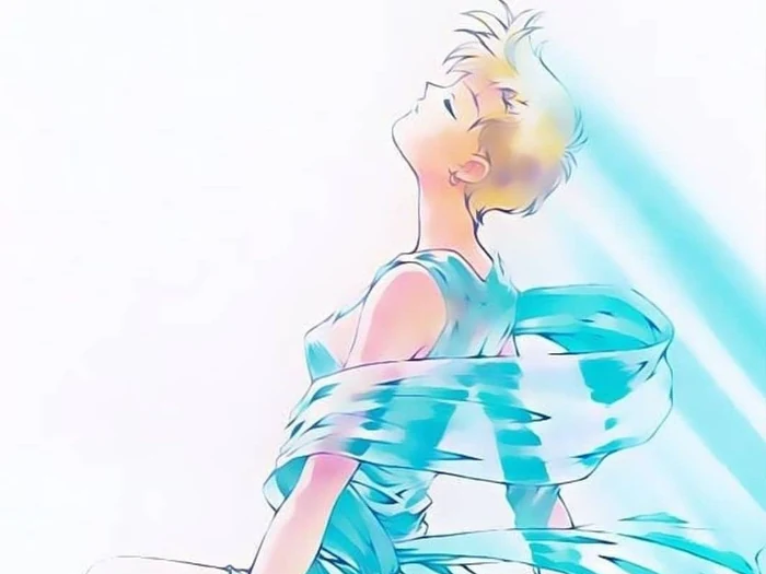 Illustration of Haruka with her head thrown back and her eyes shut, wrapped in streaming ribbons of light and wind