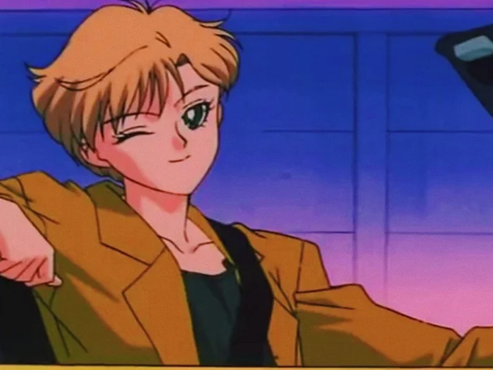 Haruka at the wheel of her car, one arm along the door, winking, a violet and pink sky behind her