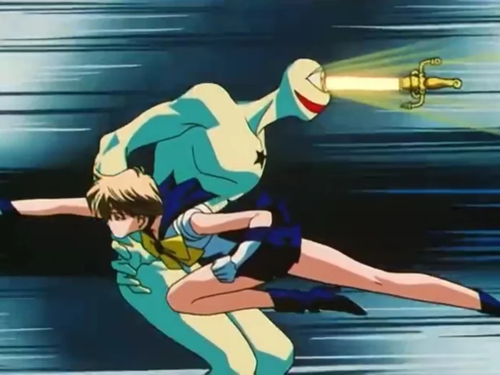 Sailor Uranus diving past a creature at full speed, the Space Sword torn free and flying out ahead of her in a streak of light