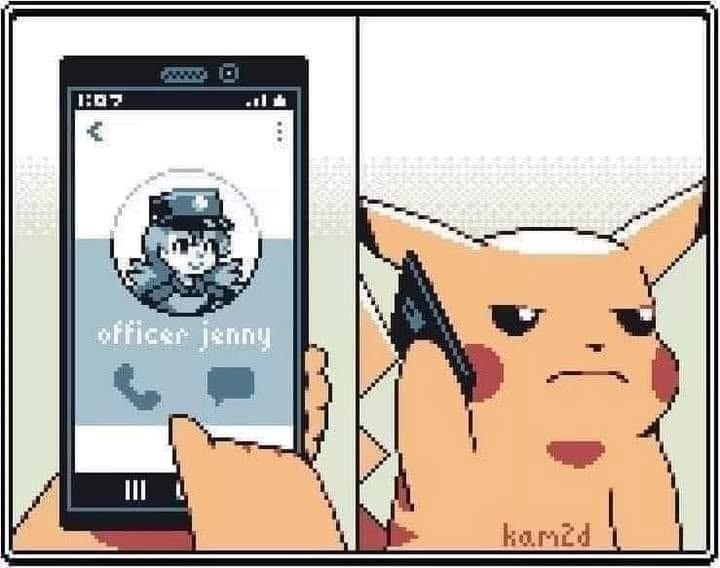 Pikachu taking a call from Officer Jenny, and not enjoying it